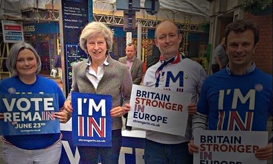 Teresa May pretending to support the IN campaign